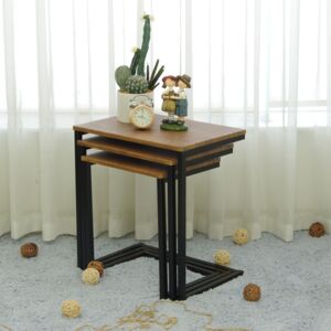 Micasa 3-Piece Metal Frame Wooden Square Nesting Table Set Brown and Black